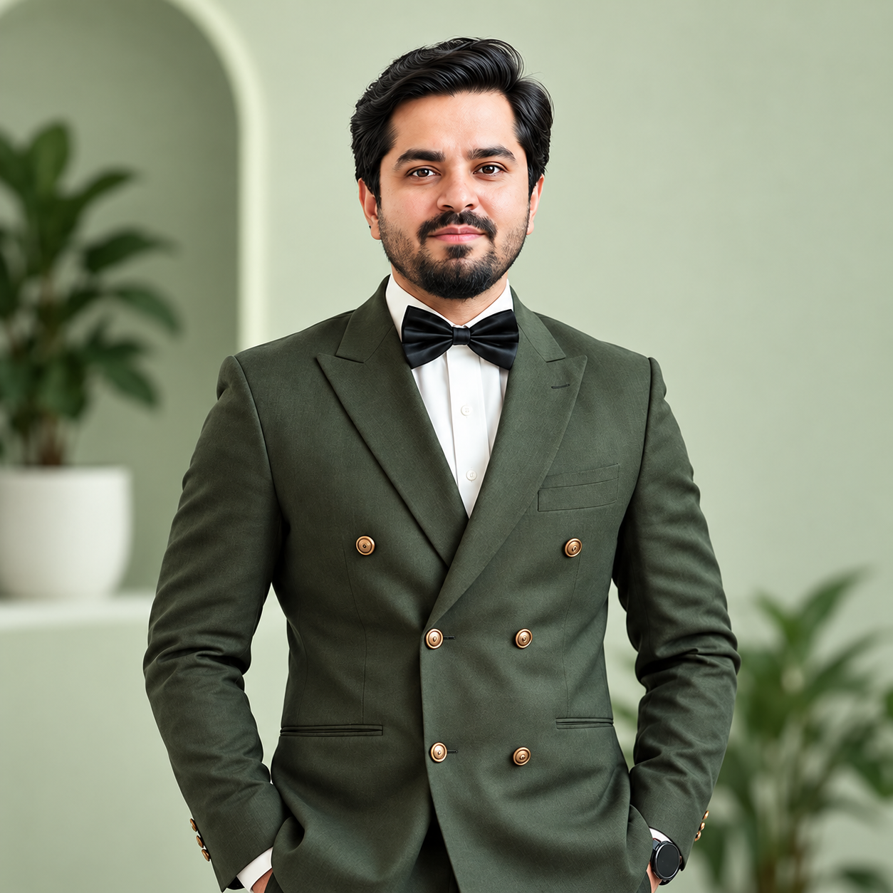 Rehan Hamayun, founder of TopGuy, in a sage-green studio