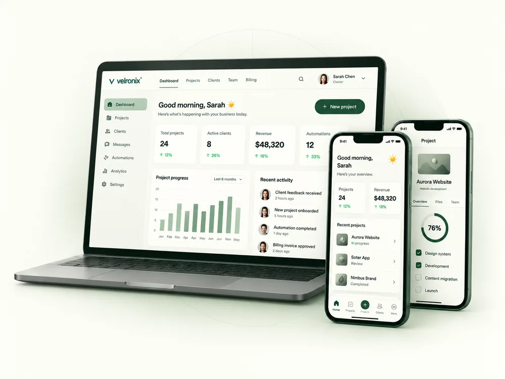 A coordinated web dashboard and mobile app with project tracking and business automations