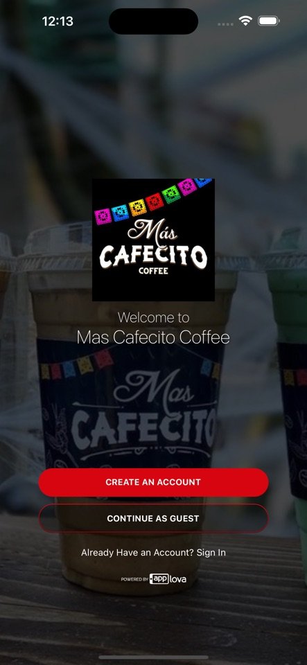 Más Cafecito Coffee app preview showing menu categories