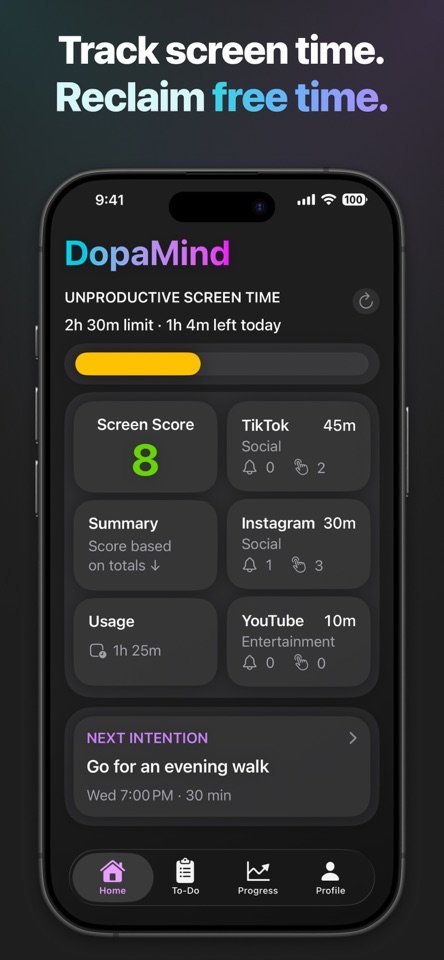 DopaMind screen time app preview showing daily limit ring and blocked apps
